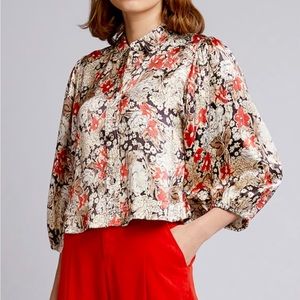 Ganni Cameron Floral Satin Cropped Blouse in Size Small